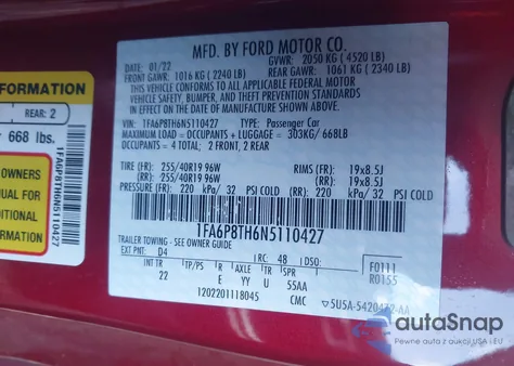 2022 Ford Mustang Ecoboost Fastback from USA, damaged, VIN 1FA6P8TH6N5110427